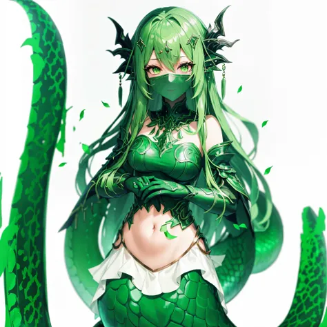 Lamia. metallic green fashion. face veil. long gloves. eyes motif hair ornament. swamp. anime style. full body image.
