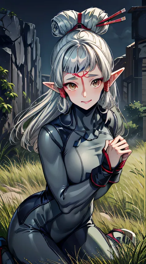 paya, cute elf, wariza,grass,sky,smile, intricate eyes,beautiful detailed eyes,symmetrical eyes,big eyes:1.5, skinbodysuit, bodysuit. zero suit, (ultra detailed,extremely detailed),(photorealistic artwork:1.37),(extremely detailed CG unity 8k wallpaper),((...