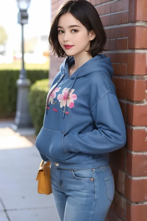 200 (snapdd00-Fp16), woman, floral hoodie, gentle smile, lipstick, short hair, Retro brick town, wearing jeans