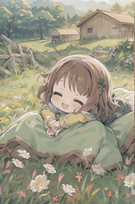 cute、8 year old girl、best smile、Chibi, beautiful anime scene, countryside landscape, Field Background, beautiful anime scenery, Beautiful peace scene in anime, agriculture、farmer、 Sleep with a happy face on the grass、Gentle breeze