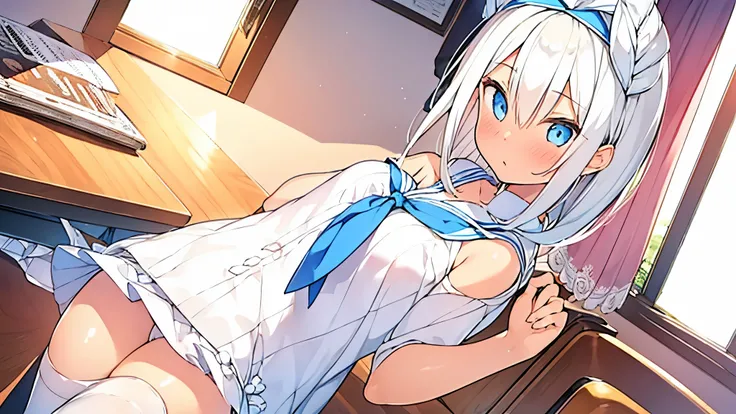 1 girl white hair with ribbon decorations on her head blue eyes in School Bloomers Women with white mayas at home