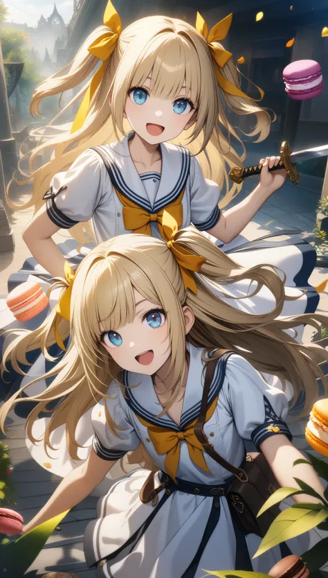 32k, best quality, ultra high res, HDR, UHD, extremely detailed CG, unity 32k wallpaper, long hair, looking at viewer, smile, open mouth, bangs, blue eyes, multiple girls, blonde hair, dress, ribbon, holding, 2girls, hair ribbon, weapon, short sleeves, :d,...