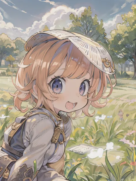 cute、8 year old girl、best smile、Chibi, beautiful anime scene, countryside landscape, Field Background, beautiful anime scenery, Beautiful peace scene in anime, agriculture、farmer、 Helping my mother in the fields、Gentle breeze