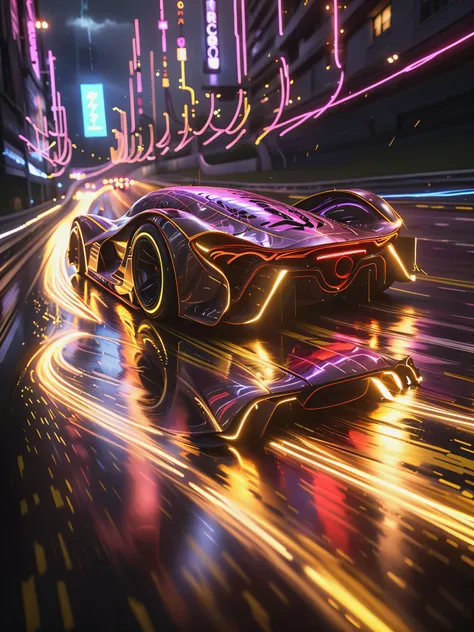 a dynamic perspective, perhaps from ground level or a low angle, to emphasize the speed and power of the racing cars as they zoom past. Use foreshortening to accentuate the sense of depth and movement,  glowneon, glowing, sparks, lightning 