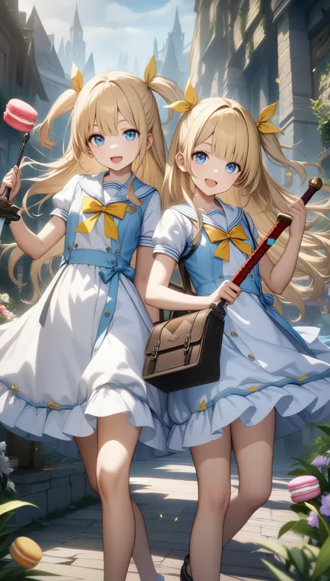 32k, best quality, ultra high res, HDR, UHD, extremely detailed CG, unity 32k wallpaper, long hair, looking at viewer, smile, open mouth, bangs, blue eyes, multiple girls, blonde hair, dress, ribbon, holding, 2girls, hair ribbon, weapon, short sleeves, :d,...