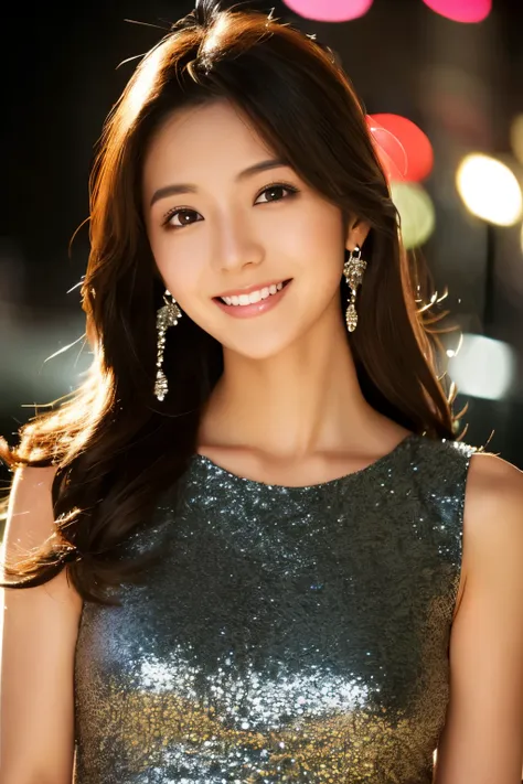 skinny japanese woman, age 30s, 1girl,(wearing a sleeveless glittery evening dress:1.2),(raw photo, best quality), (realistic, p...