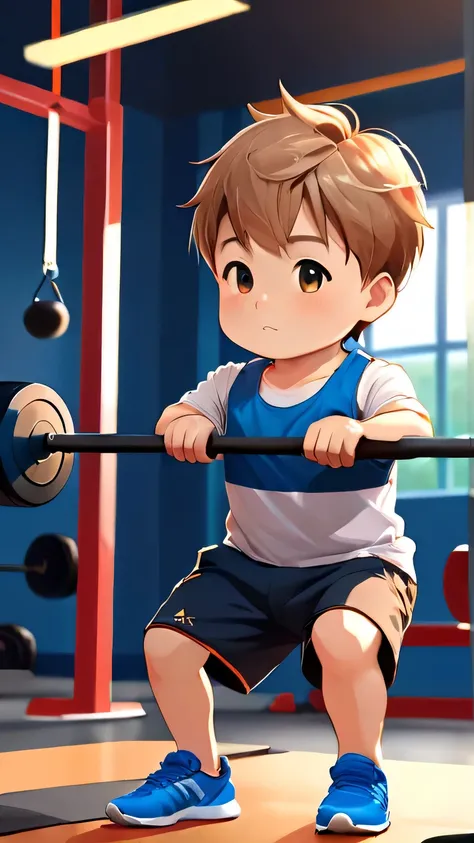 The little boy is practicing hard at the gym 