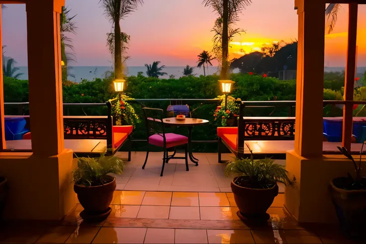 Open View Indian Terrace Hotel in India ,sunset, potted plants, flowers in a vase, bird, meditation, harmony, view from the window, Ocean, amazing sunset, flower arrangement, elegant, dynamic bright lighting, happiness, full color, colorful, artificial, be...