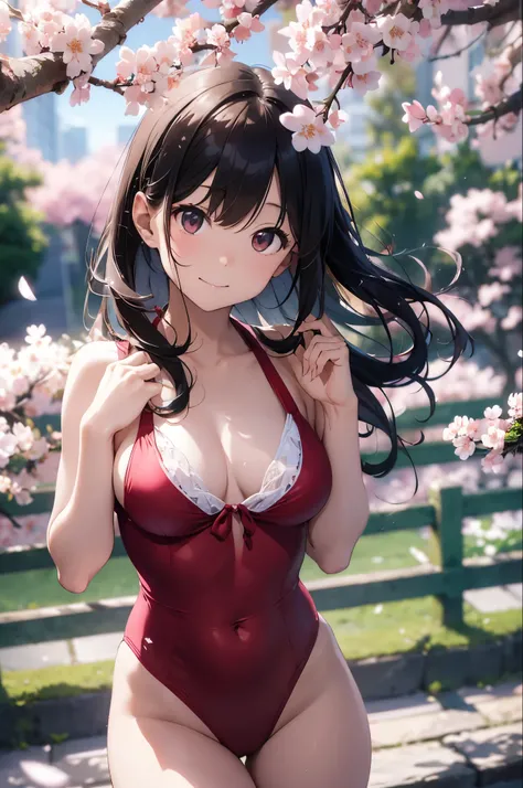 Let me&#39;Imagine the scene。In the background, Rows of cherry blossom trees in full bloom、Pale pink petals falling from the sky。The model looks perfect in a cute red swimsuit.、smile at the camera、take a pose。her bikini is、In the same color as cherry bloss...