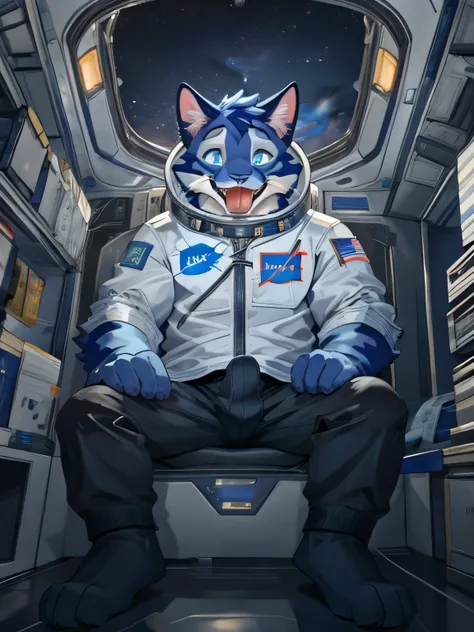 dark blue cat, NASA astronaut outfit, is wearing long black socks, has light blue eyes, is sitting inside his spaceship, bulge, space and galaxy scenery, opening his mouth and sticks out his tongue doing an ahegao, your hand is helping to open your mouth.