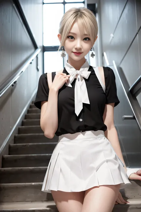 gray eye, korean , summer shirt, ribbon tie, skirt, bright blonde, school stairs, going down school stairs, posture with one&#39;s chest held out, Chest-exaggerating pose, 8K RAW Photo, High resolution, Cool Korean boy, 16 years old, very big round breasts...