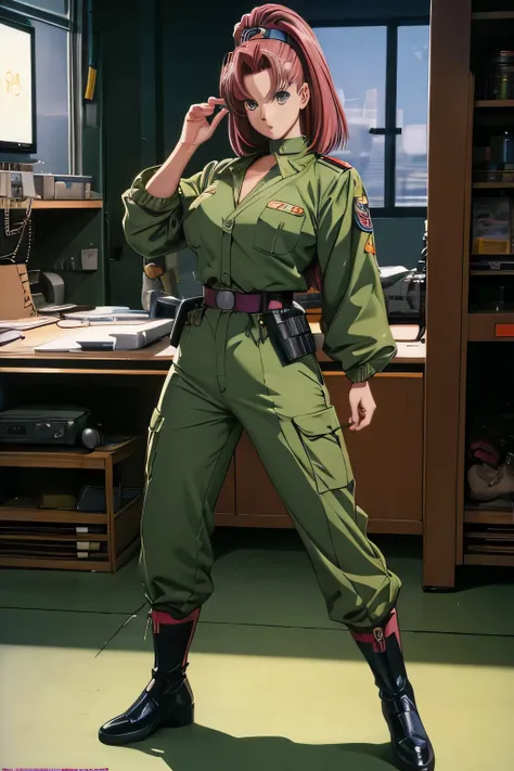 1990s anime cyberpunk diva, military uniform, full detailed eyes, suductive stance, toriyama, miyazaki inside the lab, detailed scene, stunning details, vintage 90s anime, detailed environment