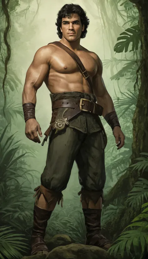 An illustrated movie poster, hand-drawn, full color, a explorer man, 25 years-old, wearing pirate breeches and a sash waist belt, resembles a young Lou Ferrigno, sun-tanned skin, round face, average height, broad shoulders, soft belly, slightly chubby, dee...