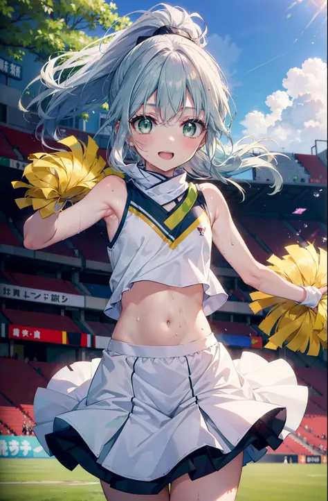 index, index, (green eyes:1.5), silver hair, long hair, (flat chest:1.2),smile,blush,open your mouth,ponytail,(cheerleader), (wh...