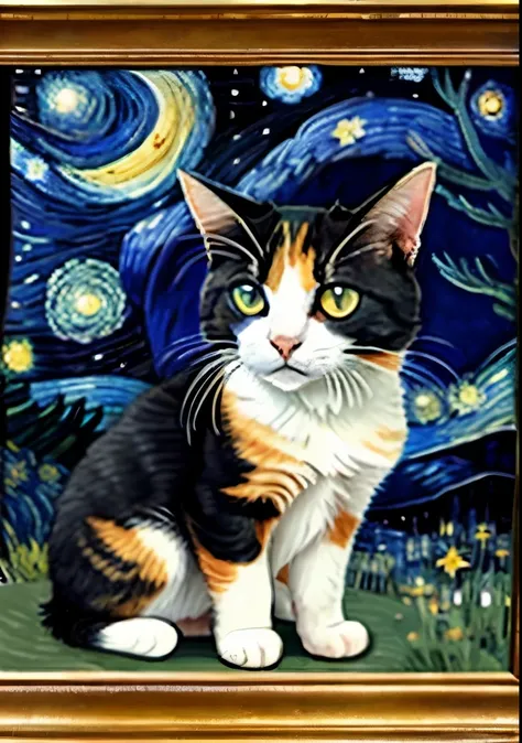 Calico cat in Van Goghs The Starry Night