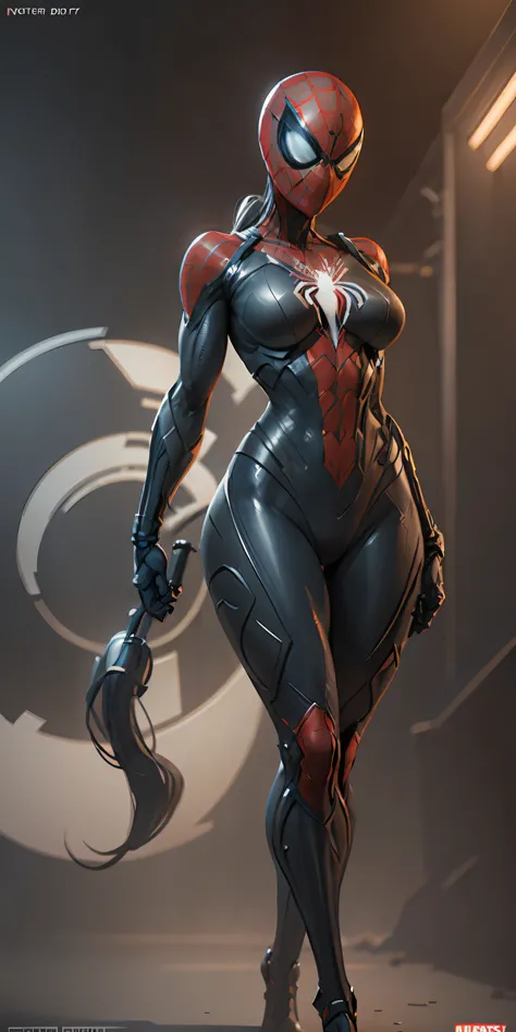 female Spider-man from Marvel, big breasts, frontal, full-length, looking at the camera, facing the audience, standing pose, simple background, three-dimensional light, detailed full-body concept, sleek digital concept art, beautiful full-body concept art,...