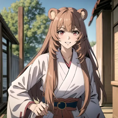 Raphtalia. beautiful woman 24 years old bear ears, cabello rubio anaranjado . red eyes like rubies. detallados alta calidad. piel clara , brillante. sonrisa mostrando los dientes, rubor , pechos grandes. escote, viste un kimono japones pare superior color ...