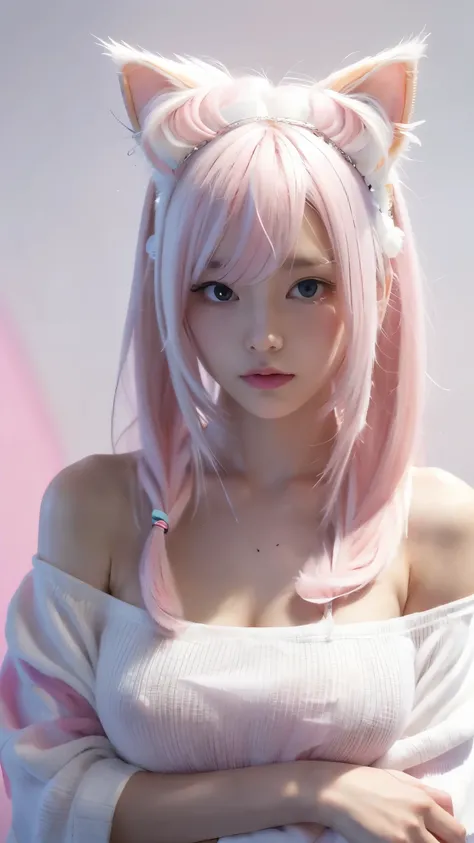 {{masterpiece}},{{highest quality}},enlightenment,1 perfect portrait of a girl, Colorful hair, (Pink+white soft hair:1.6), (Cat ears:1.3),Long and slim body type, Fantasy pink background, exposed bare shoulders, long-term alienation_sleeve, {lean forward a...