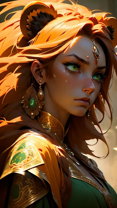 masterpiece, best quality, HD details, beautiful desperately crying woman with lion ears, green eyes, orange hair, (detailed eyes), ripped legendary maiden outfit,