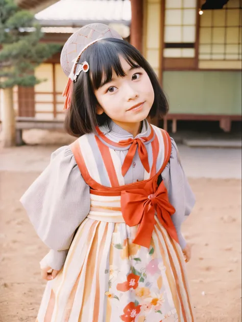 adult japanese female wearing western dress. She is extremely small stature. Her looks like association ball. 1967. Japan, Kashihara. color slide film.