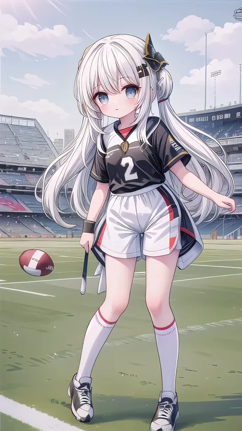 white hair，loli，Nasida，Football Jersey，shorts，Football Socks，sports shoes，football field