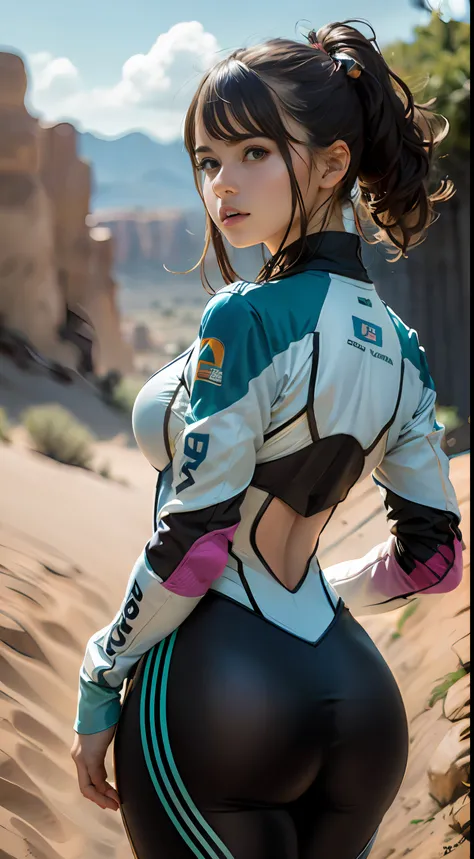 Racing suit, desert, (inspired by the Avengers), ponytail, one-piece gel pants, machine girl, safety rating, big ass, (8k, foto raw, fotorrealista: 1, 25), (muito brilho labial, lots of eyelashes, melhor qualidade, Ultra high resolution, profundidade de ca...