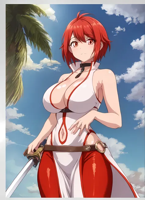 best quality, masterpiece, high quality, vesta_harem, 1girl, large breasts, cleavage, navel_cutout, side_slit, [[[[[red eyes]]]]], BREAK red_leggings, oversized_belt, white_dress, [[[white_loincloth]]], bare_hips, BREAK holding_sword, cloudy_sky, sunlight