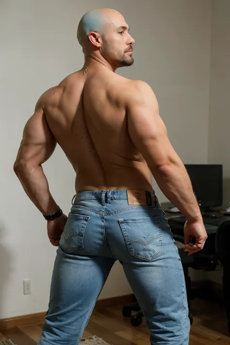 muscular manly man  bald with beard, 45 years old, full body,  with his back turned, naked blue white jeans. Backside