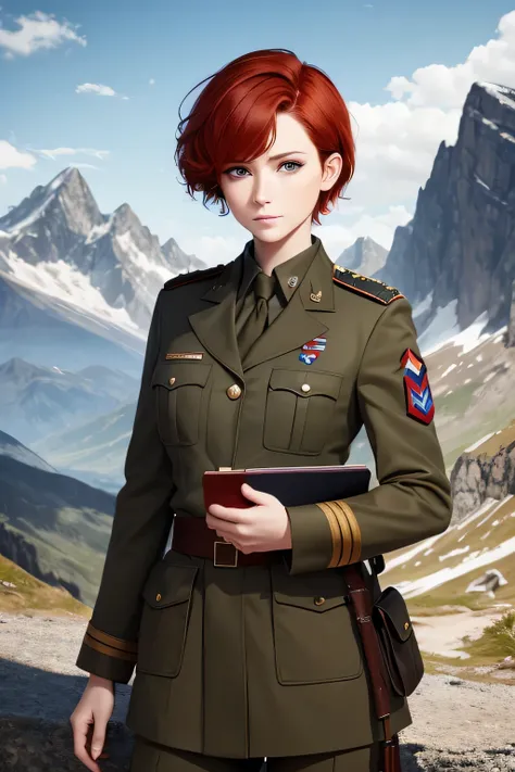 (masterpiece), best quality, expressive eyes, perfect face, correct anatomy, 1 woman, military uniform, European features, short red hair, holding notepad, 4 fingers visible, mountain backdrop, shadows on clothes