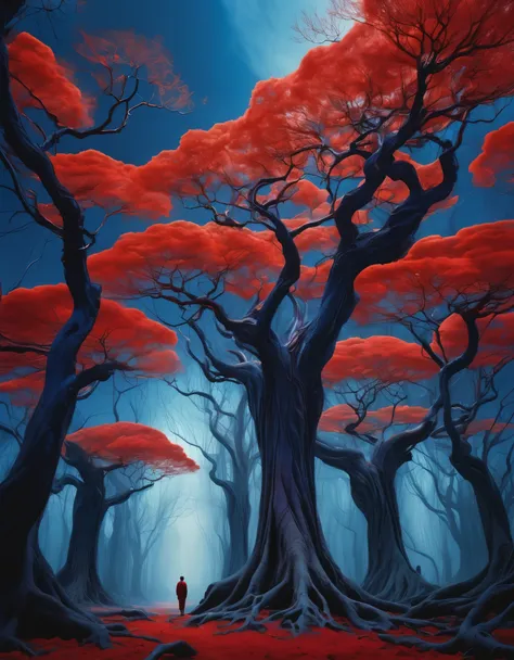 surreal landscape where towering skyscrapers morph into ancient trees, their branches reaching towards a sky painted in hues of midnight blue and fiery crimson. Strange creatures, half-human and half-animal, roam this surreal terrain, their presence adding...