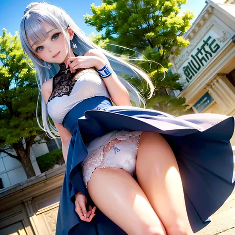 (Vulgar,nsfw),(skirt lift,very windy),(beautiful elegant white panties),very low angle,from below),((masterpiece, highest resolution,best quality)), (beautiful illustration), ((Kamisato Ayaka in Genshin Impact)), ((semi long beautiful silver blue hair,blun...