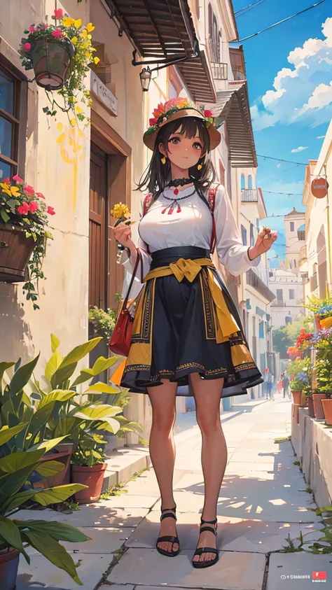 (highest quality,4k,8k,highres,masterpiece:1.2),ultra-detailed,(realistic,photorealistic,photo-realistic:1.37),a girl,beautiful,dark-skinned,light brown eyes,dark hair,sportswear,walking,explore,scenic view of Guanajuato Mexico,staircases,narrow streets,co...