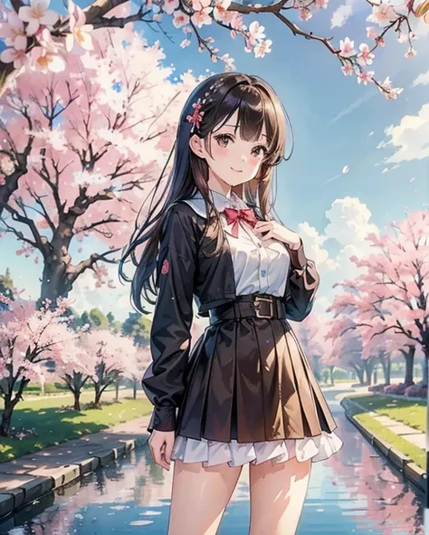 beautiful girl standing next to cherry blossom tree in background, detailed background, cherry full blossom, (best quality,4k,8k...