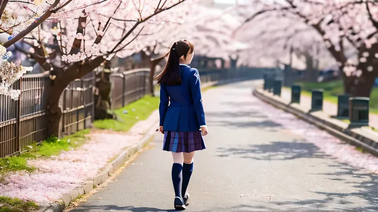 - Image of a Japanese high school girl in uniform walking happily along a road lined with blooming cherry blossoms