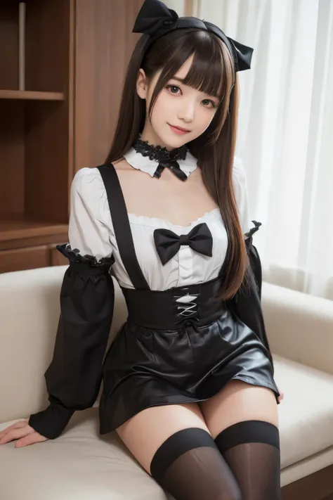 masterpiece, highest quality, one girl, (beautiful girl, cute:1.3), (15 years old:1.3), very fine resolution, (symmetrical eyes:1.3), (sit on the sofa), (Gothic Lolita, high socks, zettai ryouiki:1.3), small breasts, brown eyes, parted bangs, brown hair, l...