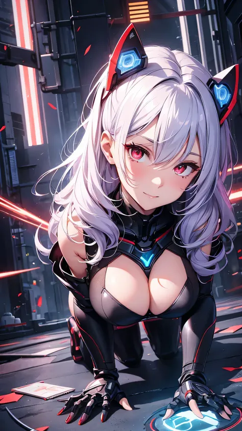 最high quality、best image quality、masterpiece、android girl((18-year-old、 By becoming、vest bust、medium bust,wide open breast tea、red glowing eyes, water hair、messy hair、long hair、thin,highest valley、white robot body、shining blue body、Close ~ eyes、All connect...