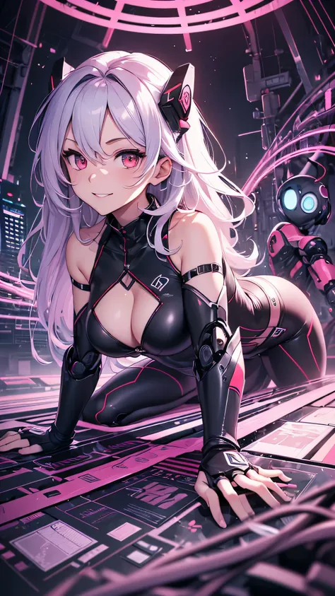 最high quality、best image quality、masterpiece、android girl((18-year-old、 By becoming、vest bust、medium bust,wide open breast tea、red glowing eyes, water hair、messy hair、long hair、thin,highest valley、white robot body、shining blue body、Close ~ eyes、All connect...