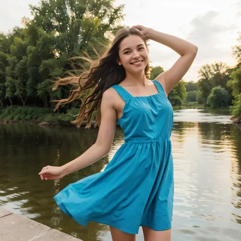 1girl, solo, dress, long hair, outdoors, photo background, smile, arm up, brown hair, water, sleeveless, blue dress, sleeveless dress, brown eyes, v, building, looking at viewer, river, black hair, standing, best quality, photo (medium), realis