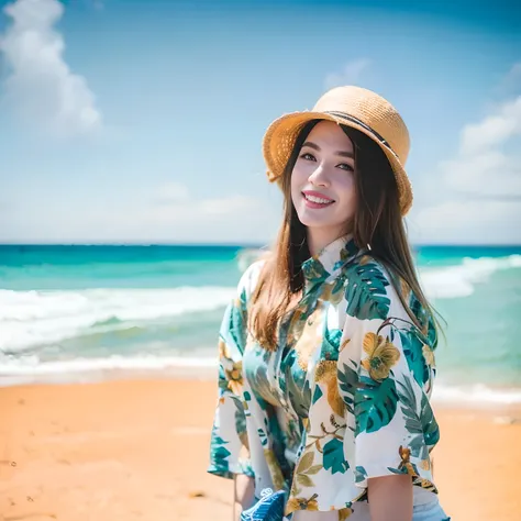 wearing a hat on the beach、arav woman in skirt, taking a photo with the sea at the beach, wearing a hawaiian dress, 站at the beac...