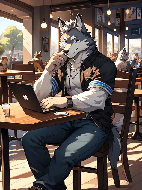 (Maximum Fineness, Dynamic HDR, 4K, FULL HD). Furry, Solo, Adult, Happy, A wolf with white Fur and Grey on its body, Blue eyes, Black eyebrows, Wear random clothes, Wear random pants, One tail, Smiling Face, Relax, Cafe, Coffee with Laptop, Sitting table.