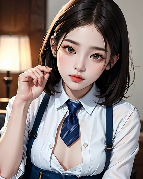 ((NSFW))There is a woman wearing a tie and a white shirt, with short hair, beautiful korean woman, korean girl, sun yunjoo, cute korean actress, gorgeous young korean woman, neat hair with bangs, short brown hair with bangs, beautiful young korean woman，bi...