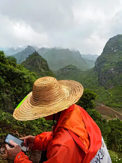 wearing a straw hat、Arav man in orange jacket looking at tablet, A wanderer on the mountain, wearing travel hat, cloudy day, with mountains as background, wearing huge straw hat, wearing a straw hat, Chinese landscape, with mountains as background, looking...