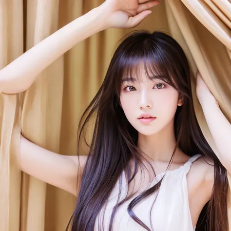 Draw a korean beautiful girl with a long hair and curtain bangs, have a white soft skin, and purple eyes, with a high quality picture