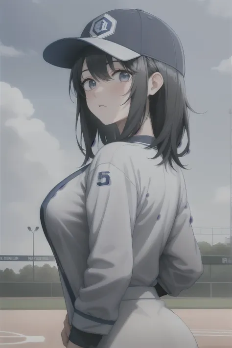 neocoill,  masterpiece, best quality, 1girl, baseball uniform, solo, baseball mitt, baseball cap, hat, baseball, sky, sportswear...