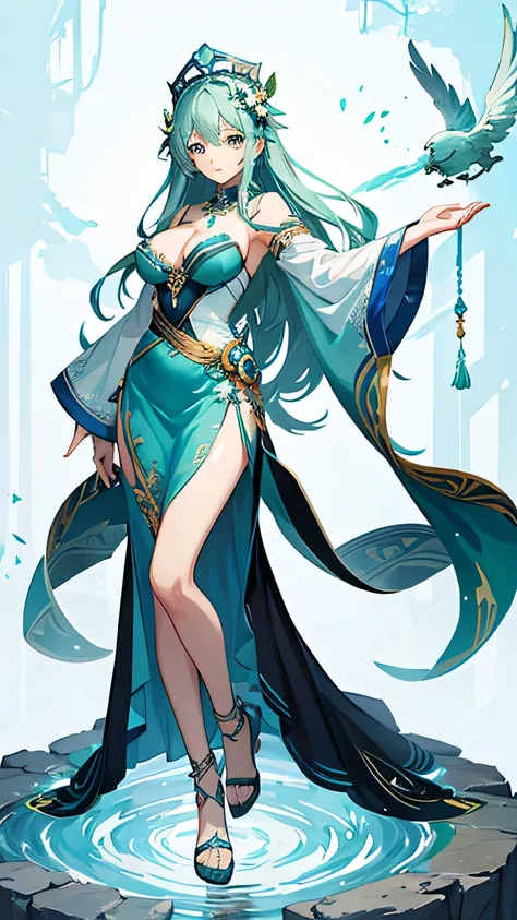 Blue-green ancient style natural goddess full body picture