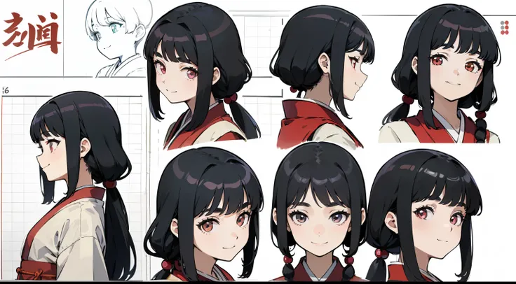 16 years old, Black Hair Girl, Hair length to the armpits (((Happy smiling face expression))) ,japanese kimono, ((Odango hairstyle)) (((detailed character sheet, Front view, Side view, 3/4 view)))