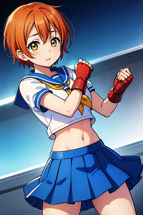 Hoshizora rin, orange hair, yellow eyes ,short hair, bangs, , crop top, red neckerchief, ((blue skirt)), fingerless gloves, thighs, standing, cowboy shot