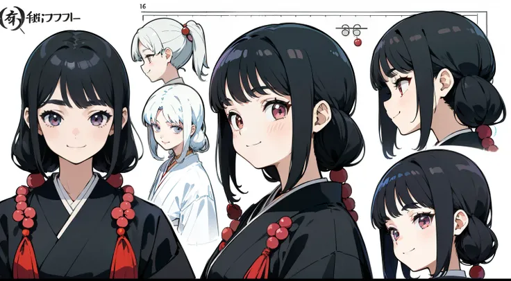 16 years old, Black Hair Girl, Hair length to the armpits (((Happy smiling face expression))) ,japanese kimono, ((Odango hairstyle)) (((detailed character sheet, Front view, Side view, 3/4 view)))