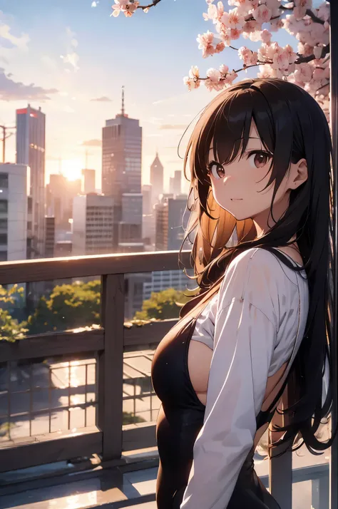 On the rooftop during golden hour、Against the background of the city skyline, A beautiful Japanese woman is photographed from behind, facing the camera. She is wearing a red swimsuit, Minimalist red swimsuit, Her long black hair fluttering softly in the wi...