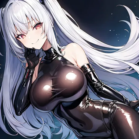 1 girl, solo, latex body suits, black clothes, silver hair, smirk, mesugaki, large breasts, 